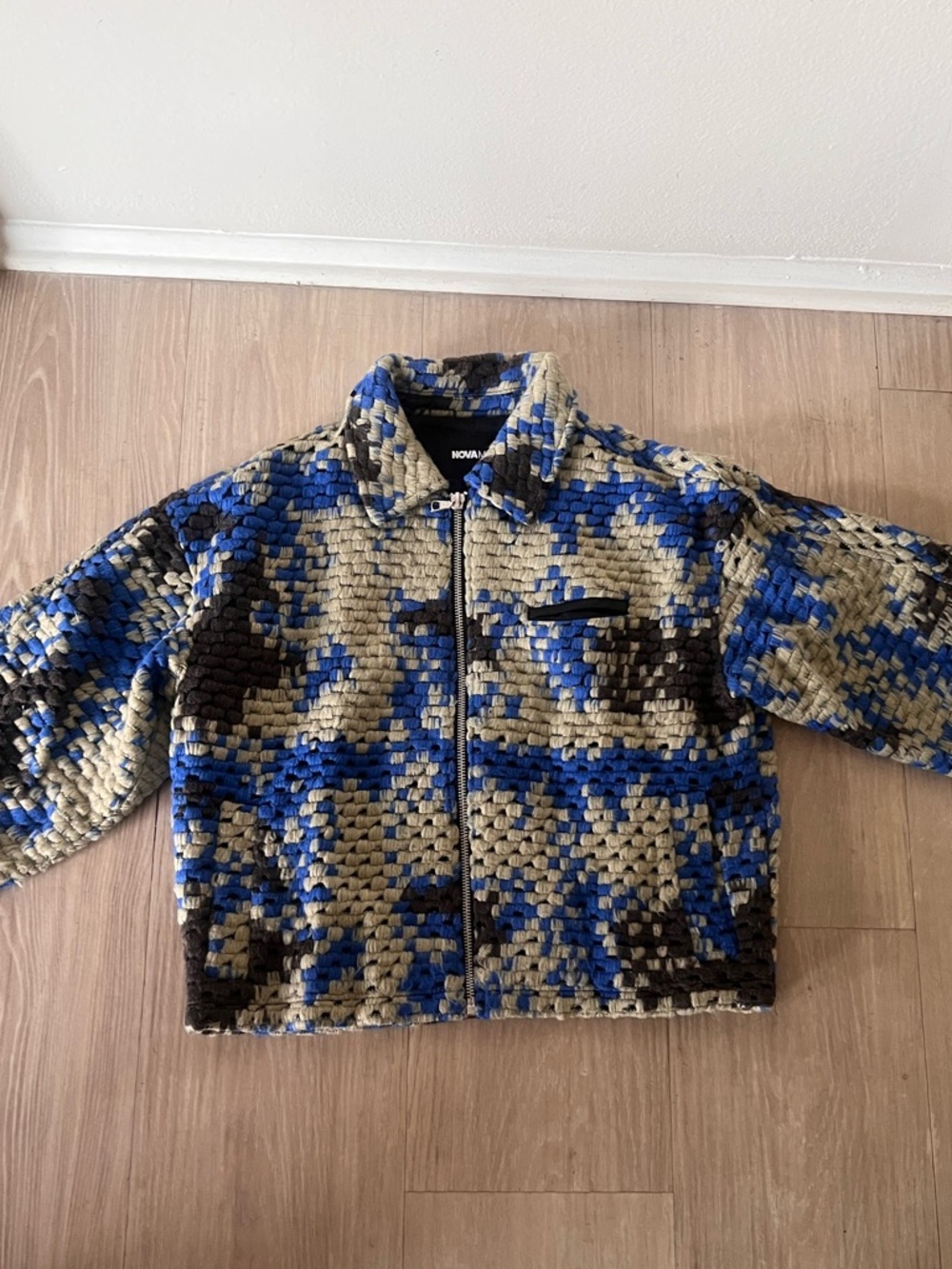 Fashion Nova Blue, Tan & Black Quilted Zip-Up Shirt Jacket